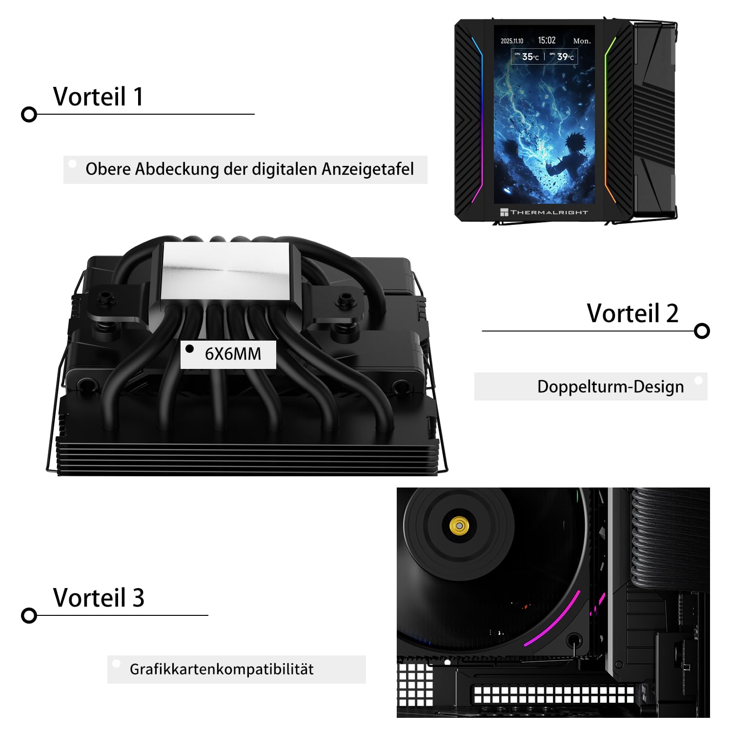 TR-Thermalright Peerless Assassin 120 Vision MAX ARGB Black CPU-Kühler, Dual-Tower-Design mit 6 Heatpipes und 5 Zoll IPS-Display, zwei 120mm PWM-Lüfter, für AM5/AM4 und Intel LGA1851/1700/115x/1200