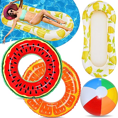 Lubibi 4 Pack Inflatable Pool Floats Set with Water Hammock, 2 Swimming Rings, Beach Ball, Unique Fruit Designs - Perfect for Summer Pool Parties Decorations, Summer Gift For Kids And Adults