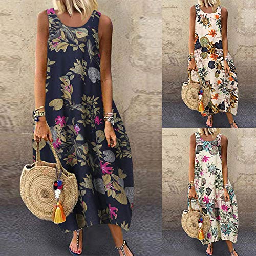 Zanzea Women Spring Summer Maxi Long Dress Short Sleeve V Neck Floral Print Boho Casual Loose Beach Party Midi Dresses Navy X-Large #TOP1