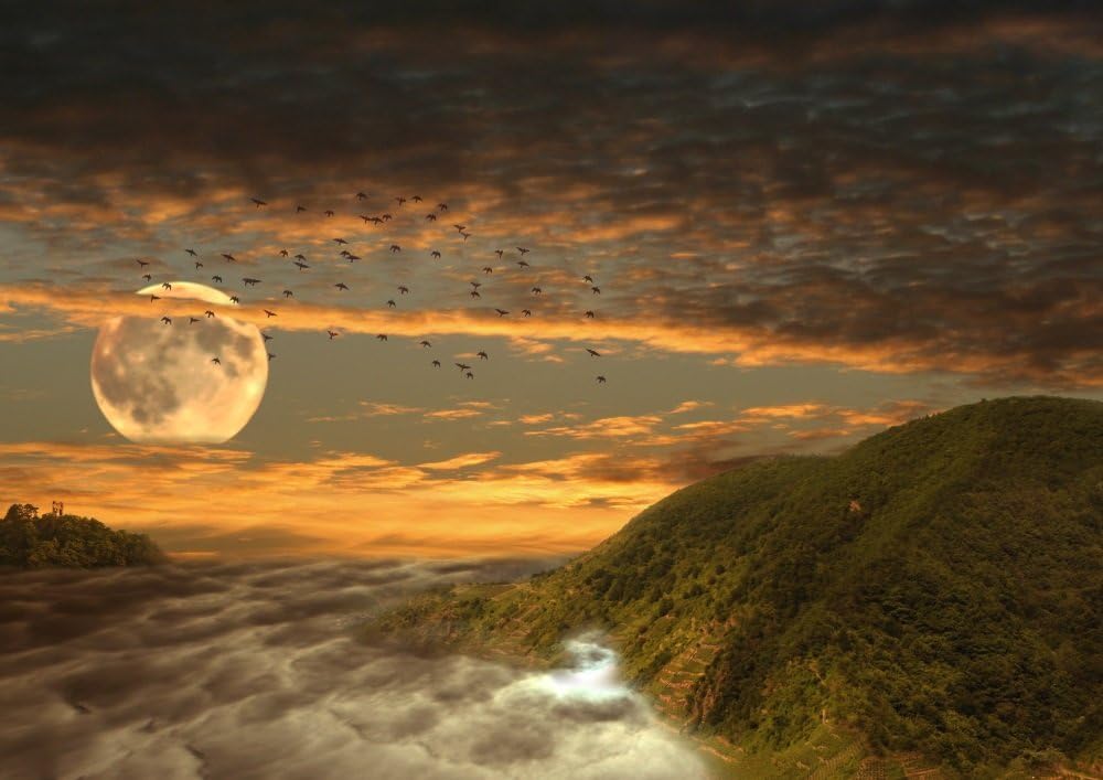 絵画風 壁紙ポスター はがせるシール式 夕焼けのスーパームーンと鳥の群れ 月