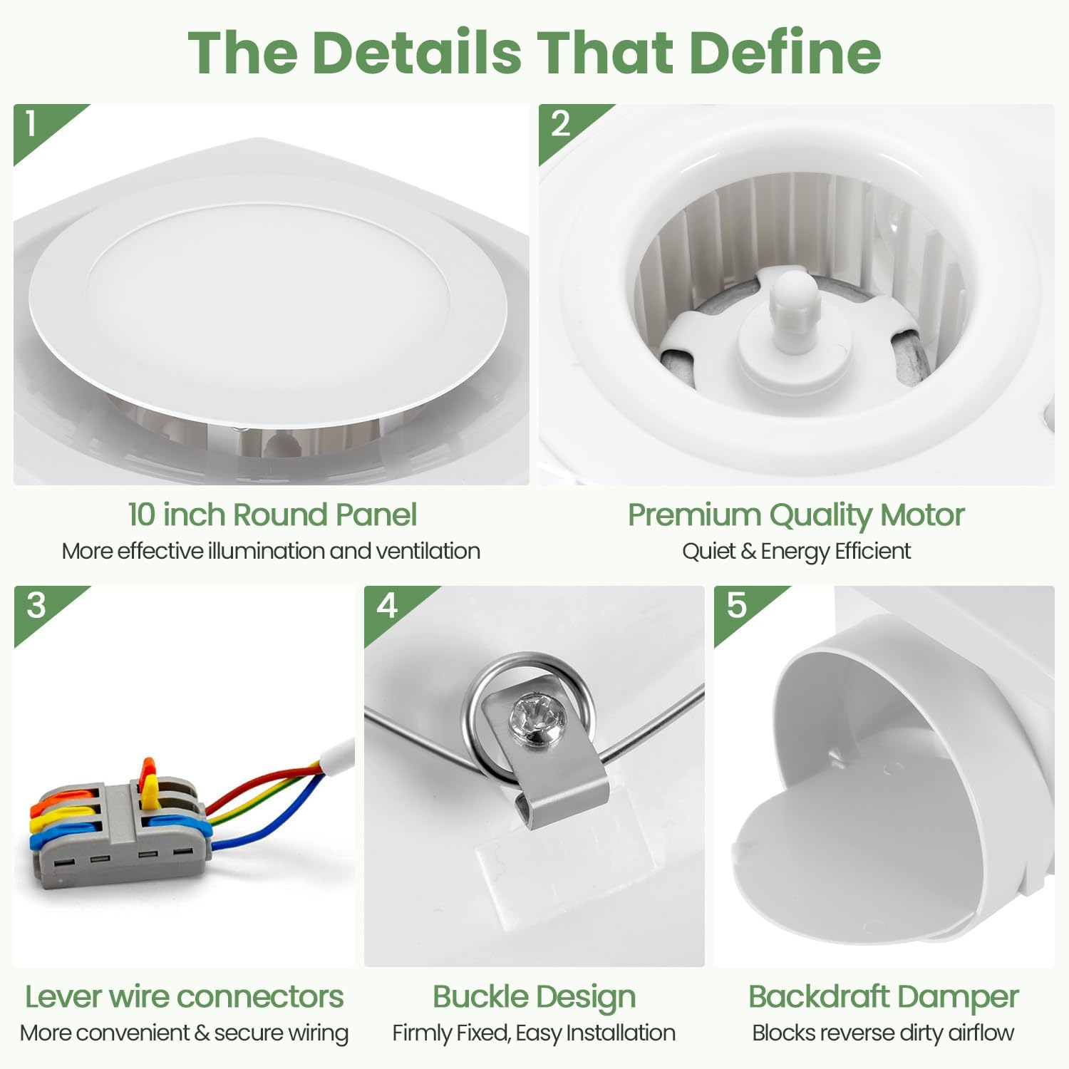 10 Inch Bathroom Exhaust Fan with Light, 110CFM Vent Fan with Light 3000K, 15W Round Quiet Bathroom vent with Lever Wire Connectors&Duct