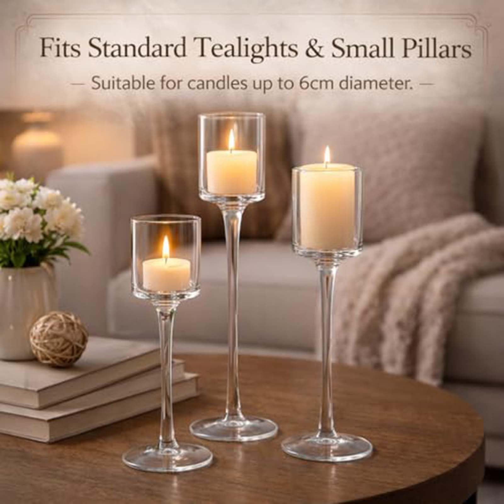 Set Di 3 Portacandele In Vetro Trasparente Con Stelo, Alti E Con Piedistallo, Eleganti Supporti Per Candele Votive, Ideali Come Centrotavola Per Matrimoni E Decorazioni