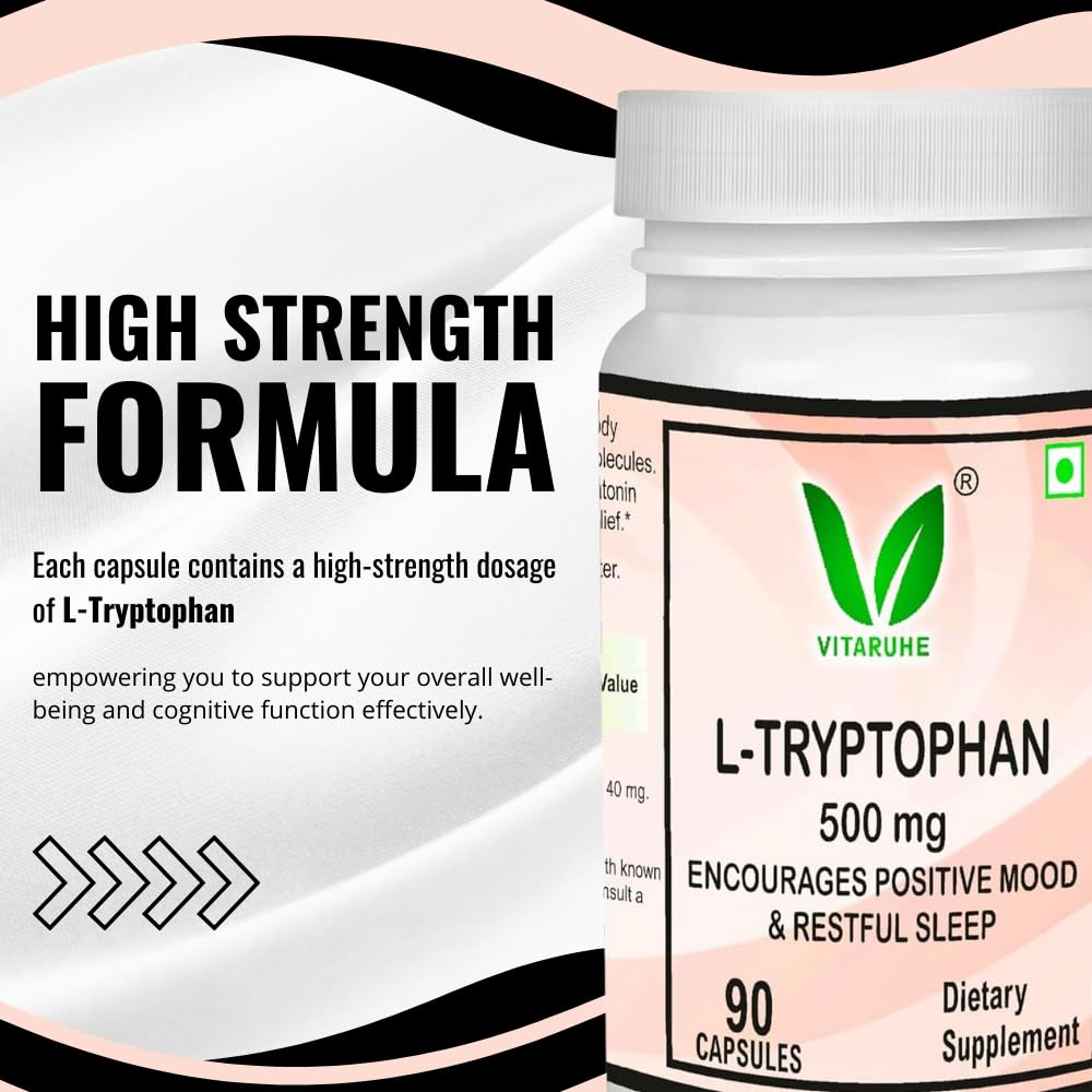 Vitaruhe® L-Tryptophan 500 mg per Capsule, 90 Vegan Capsules for 3 Months, Pure Essential Amino Acid, Natural & Fermented, High Strength Supplement Without Additives 1