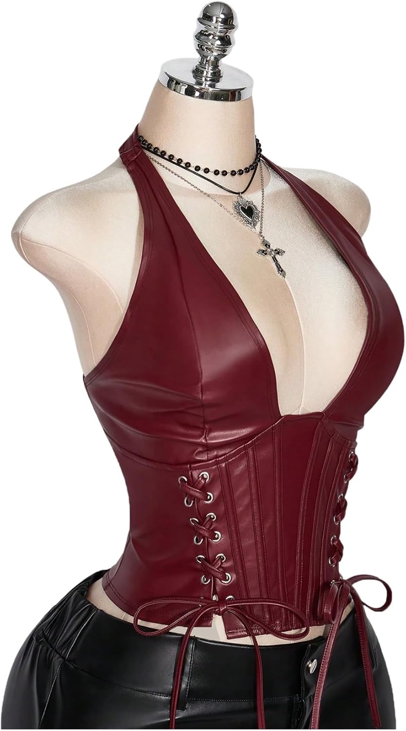 SOLY HUX Women's Plus Size Halter Tops PU Leather Deep V Neck Lace Up Backless Sleeveless Summer Crop Tank Top - Image 4