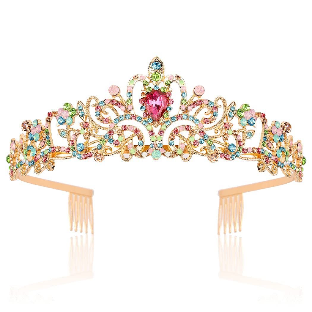 Bridal Princess Girl Tiara and Rhinestone Crown Headband Hair Accessories for Women Wedding Ceremony Party (Gold plating + Multicolor)-image-47