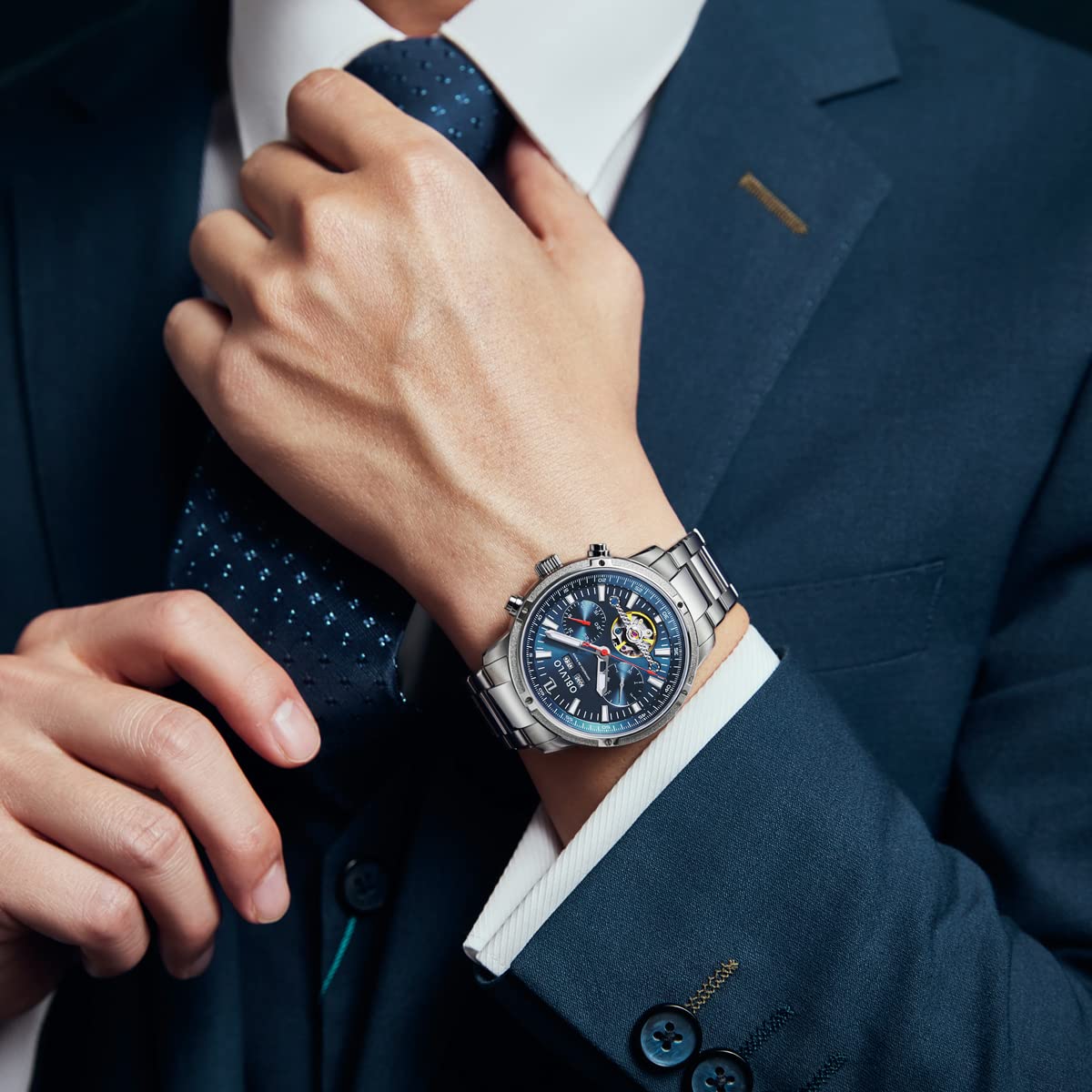 OBLVLO Herren-Automatikuhr Mechanisches Tourbillon Leuchtendes Edelstahlarmband Saphir 50M wasserdichte Kalenderwochenuhr 42mm cm-T