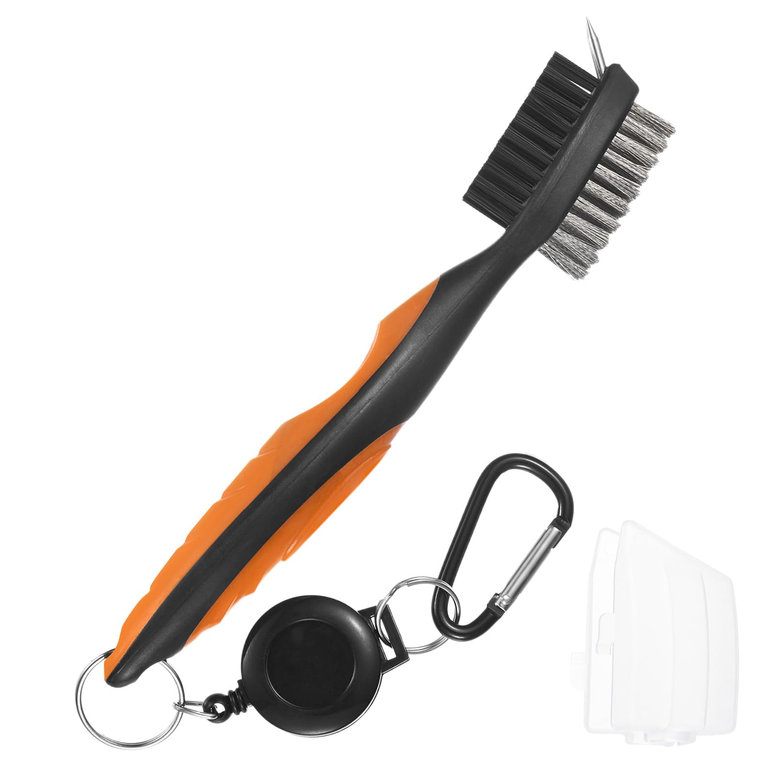 TIXIPEM Golf Club Cleaning Brush [1PCS] - 2-Sided Club Groove Cleaner with Retractable Extension Line Aluminum Clip Use for Wedges & Irons - [Orange-7.5IN] Quick Clip to Golf Bags