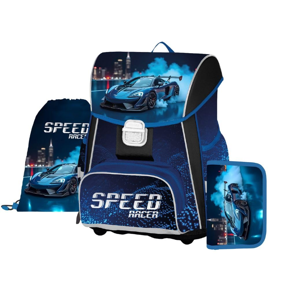 Oxybag Speed Racer Auto Premium One Schulranzen-Set mit Brotdose, Trinkflasche, Brustbeutel (8tlg. mit Sporttasche, Schultüte H)
