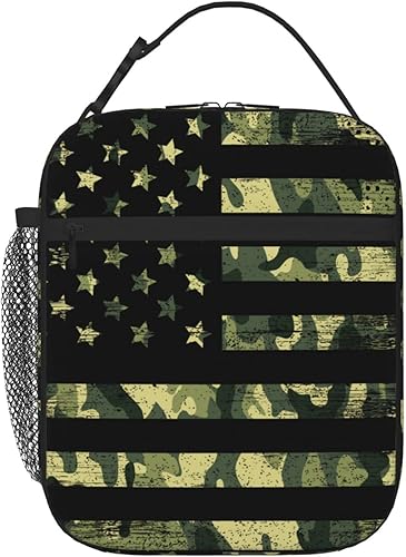 Lonchera con diseño de bandera estadounidense de camuflaje, lonchera aislada para niños y niñas, reutilizable, con diseño de camuflaje, pequeña,