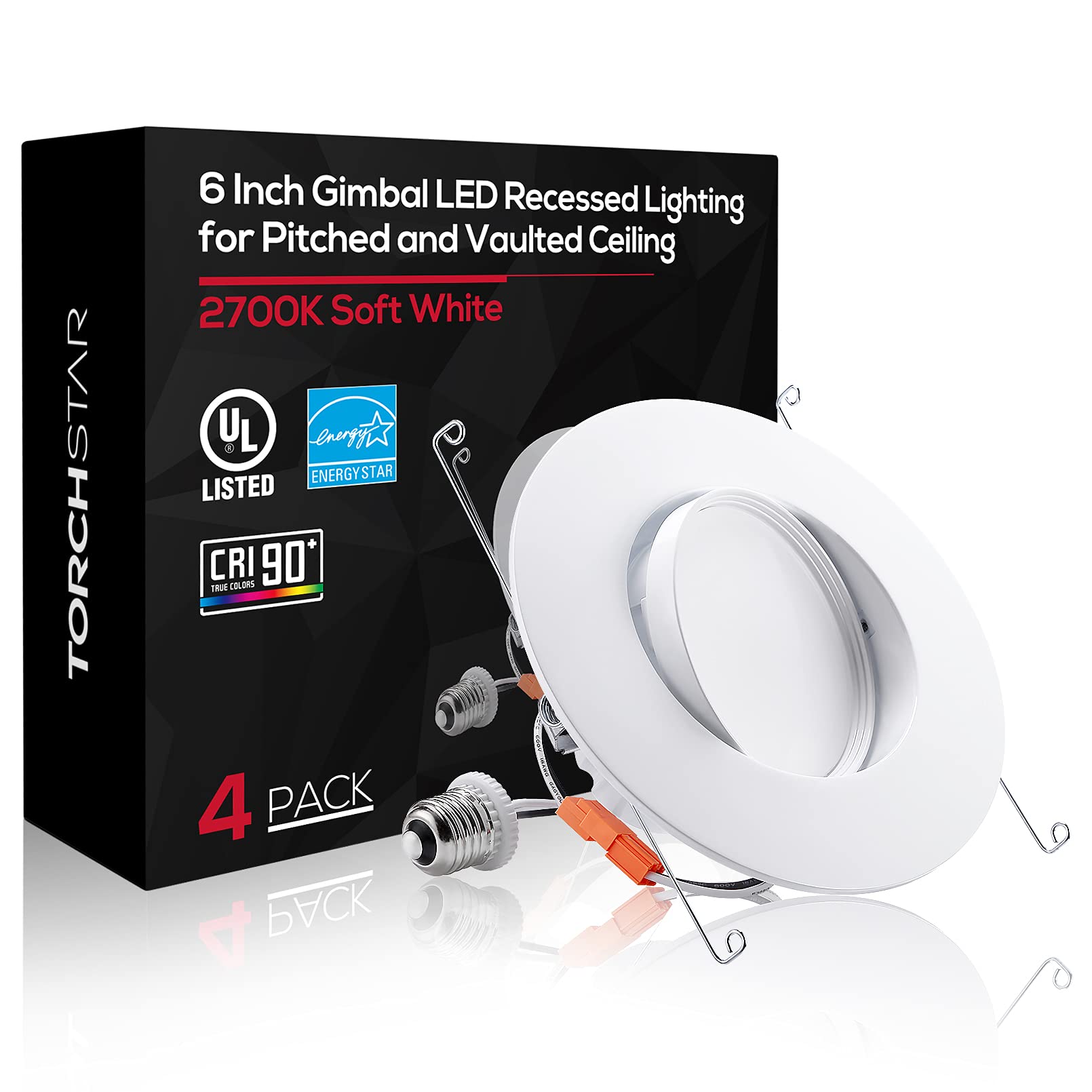 TORCHSTAR5/6 Inch LED Gimbal Recessed Light, 13W Dimmable Retrofit Downlight, CRI90 Adjustable LED Recessed Lighting, Directional Can Light, UL & Energy Star Listed, 2700K, 900 LM, Pack of 4