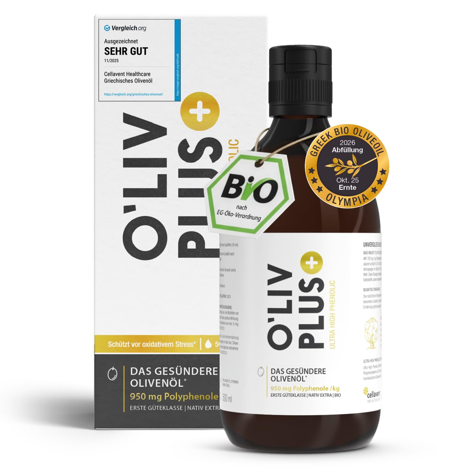 Das Olivenöl mit Gesundheitswert – extra hoher Polyphenol-Gehalt 950 mg/kg – Bio-Qualität – nur 1 Esslöffel/Tag – Oliv PLUS – 500 ml – 50 Portionen