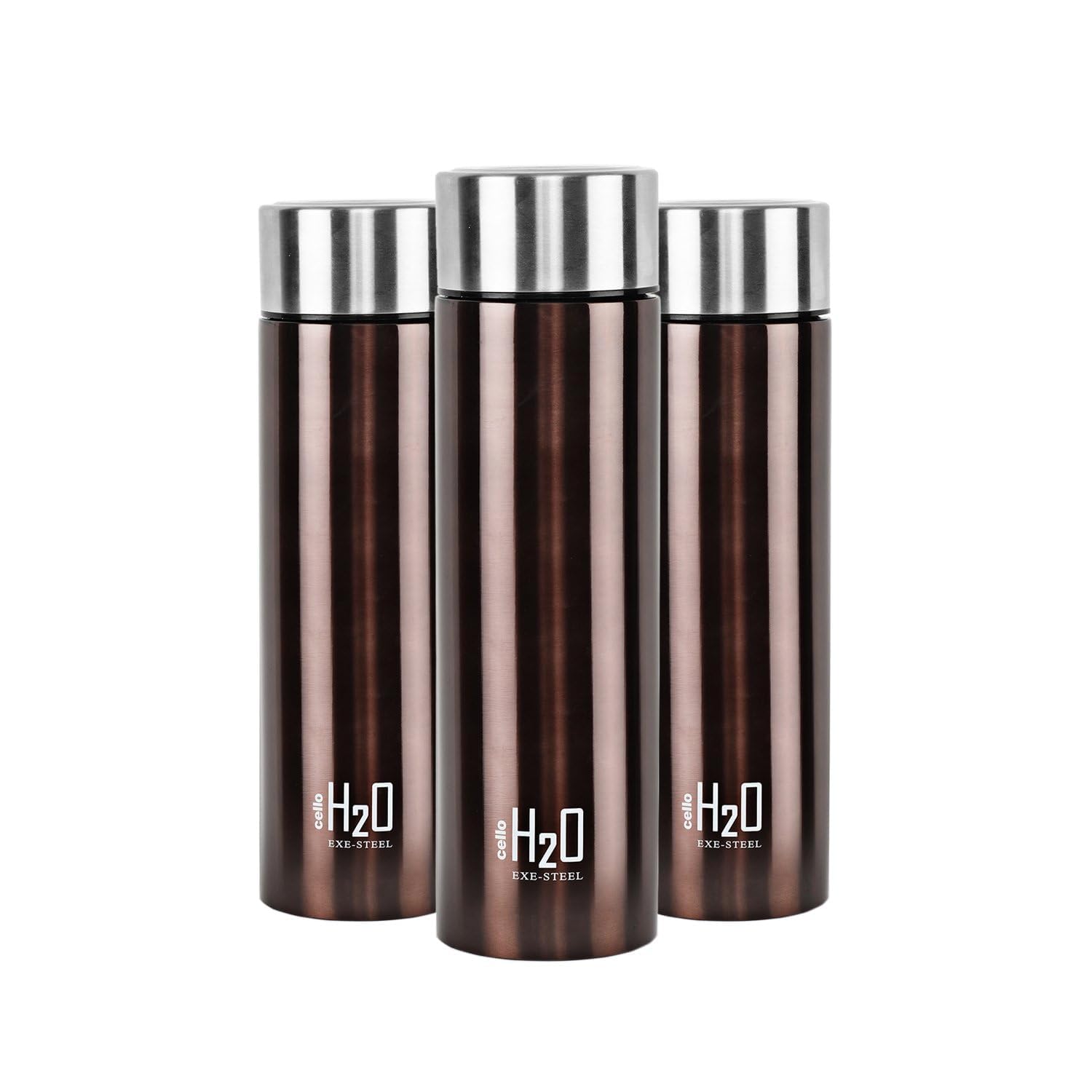 CELLO H2O Stainless Steel Water Bottle for Office & Daily Use Set of 3 Pcs, 1000 ml Brown | Single Wall Freezer & Fridge Safe, Lightweight Leakproof Rustproof Steel Water Bottle for School Gym Travel