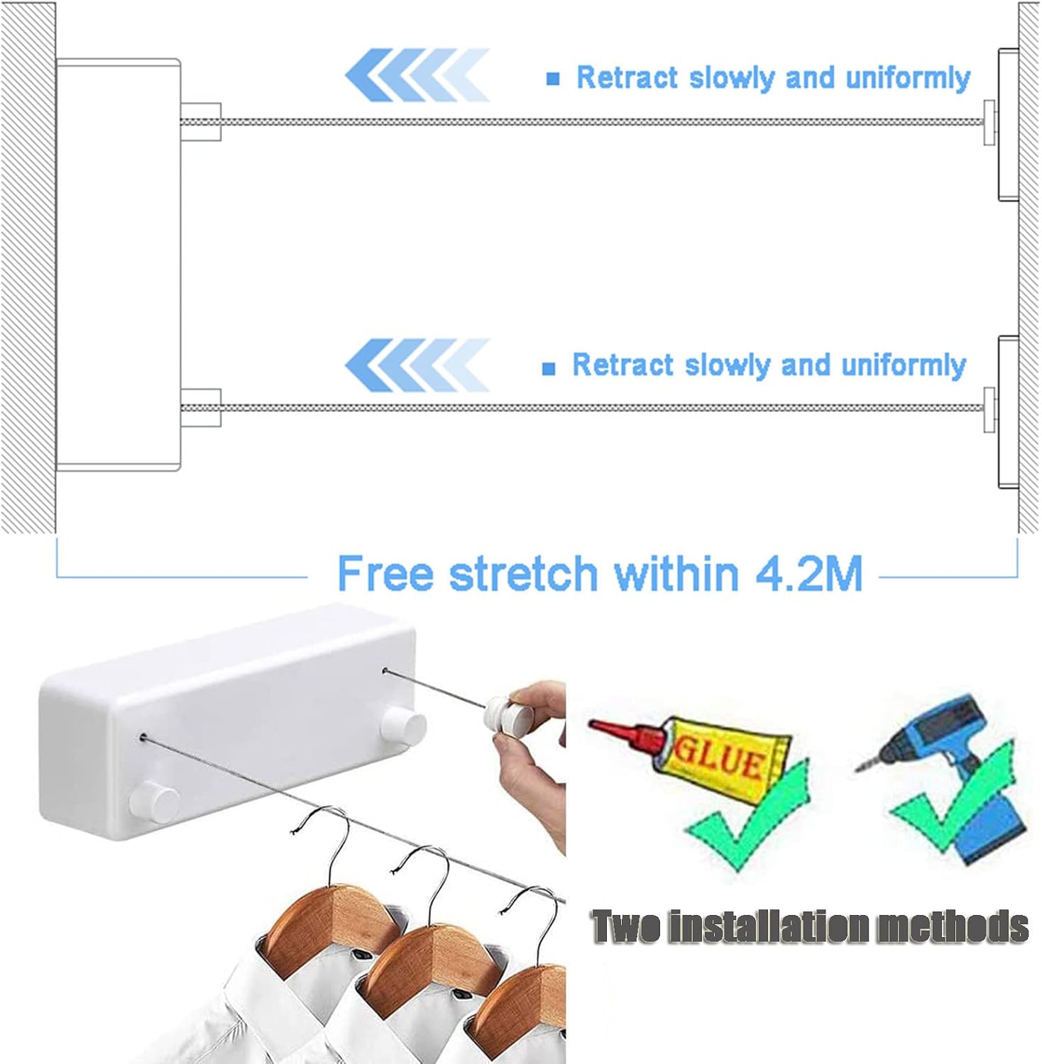 White Retractable Clothesline,Portable Washing Line,Extendable Laundry Rope,Double String Reel,Waterproof 304 Stainless Steel Rope,for Indoor & Outdoor,White-4.2m/13.8in
