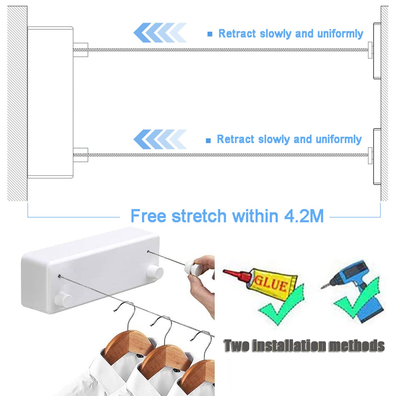 Stendibiancheria Retrattile Bianco,Corda da Bucato Portatile,Filo di Lavaggio,Bobina a Doppia Corda,Corda Acciaio Inossidabile 304,per Interni ed Esterni,White-4.2m/13.8in