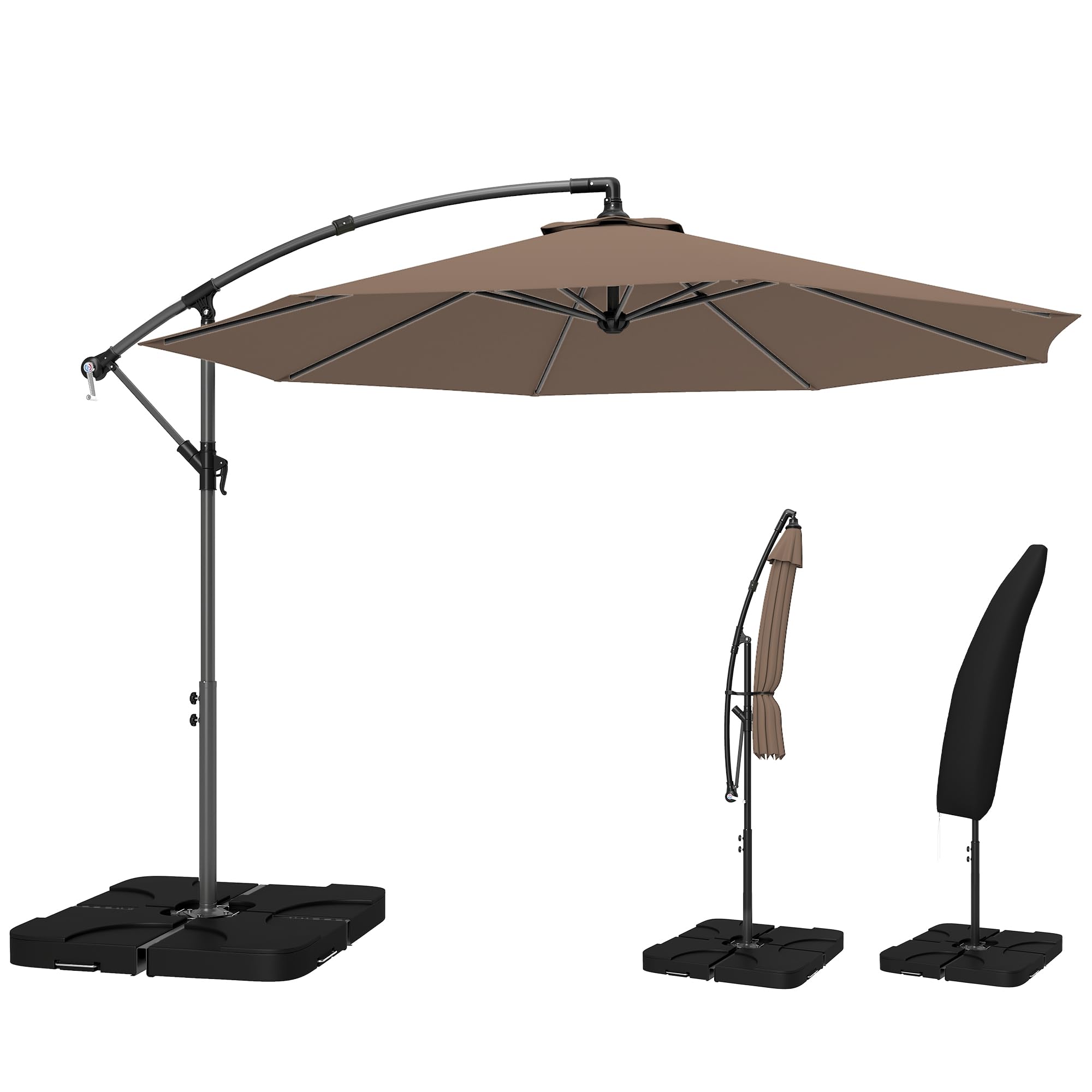 Outsunny Coffee 3 M Cantilever Parasol With Umbrella Weights, Cross Base, Offset Outdoor Umbrella With Protective Cover, Crank Handle, Hanging Sun Shade,