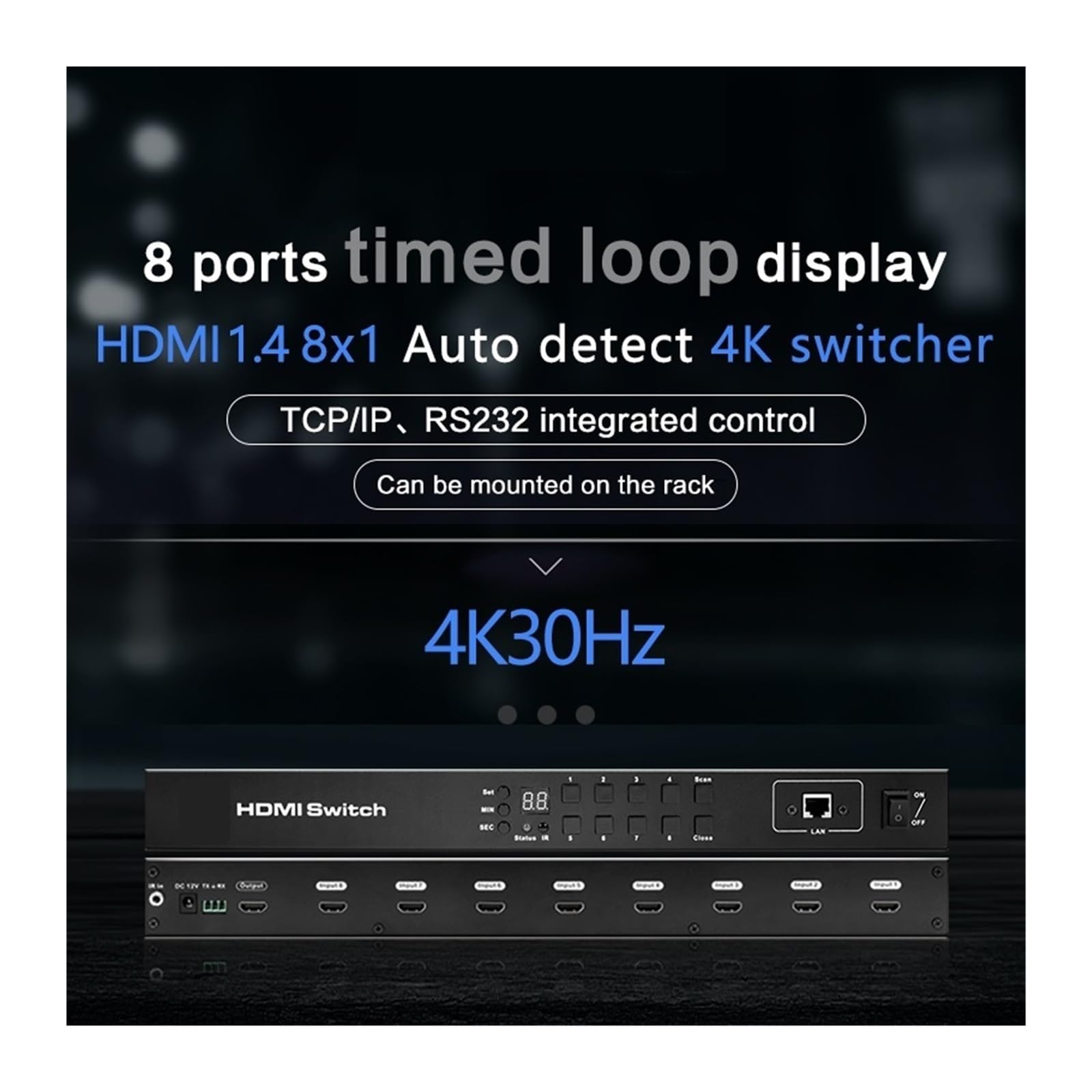 Commutatore Video, Switch 8 in 1 out, switcher automatico a loop temporizzato, hub splitter adattatore 4K a porte, estensione IR(HDMI1.4 4K30Hz 16x1)