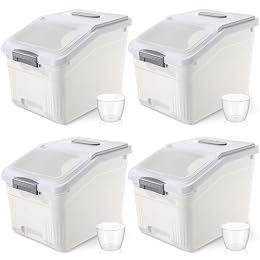 Blushtier 4 Pack Large Rice Storage Containers 30 Lbs Airtight Flour Container with Seal Locking Lid and Measuring Cup Kitchen Dry Food Storage Bins for Cereal Sugar Beans(Creamy White)