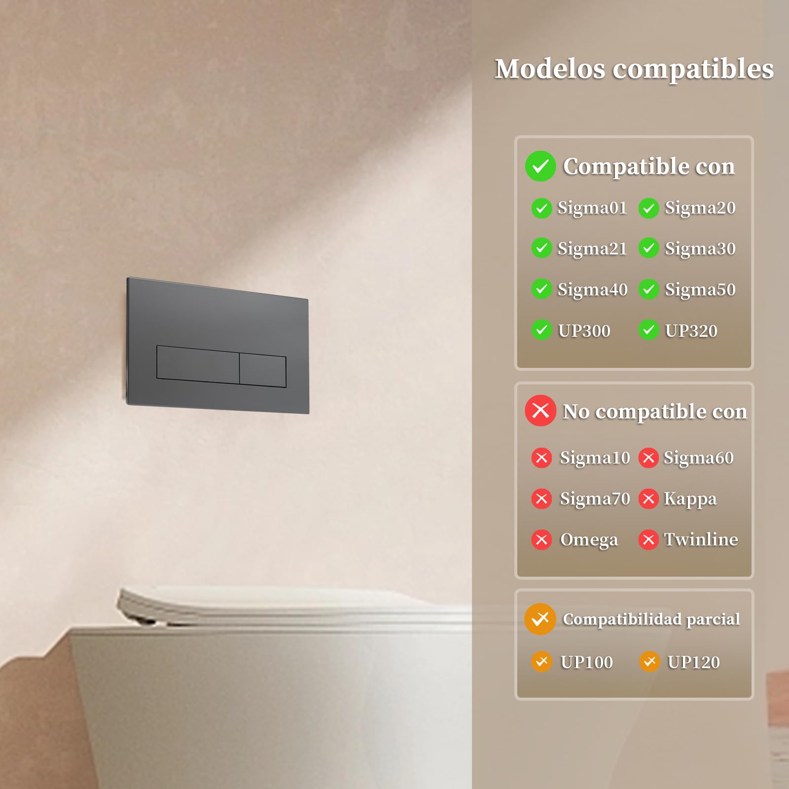 Placa de Accionamiento WC Doble Descarga, Compatible con Geberit Sigma 01/20/30, UP300 & UP320, con Kit de Palancas y Marco de Instalación, 245 × 164 mm (gris oscuro)