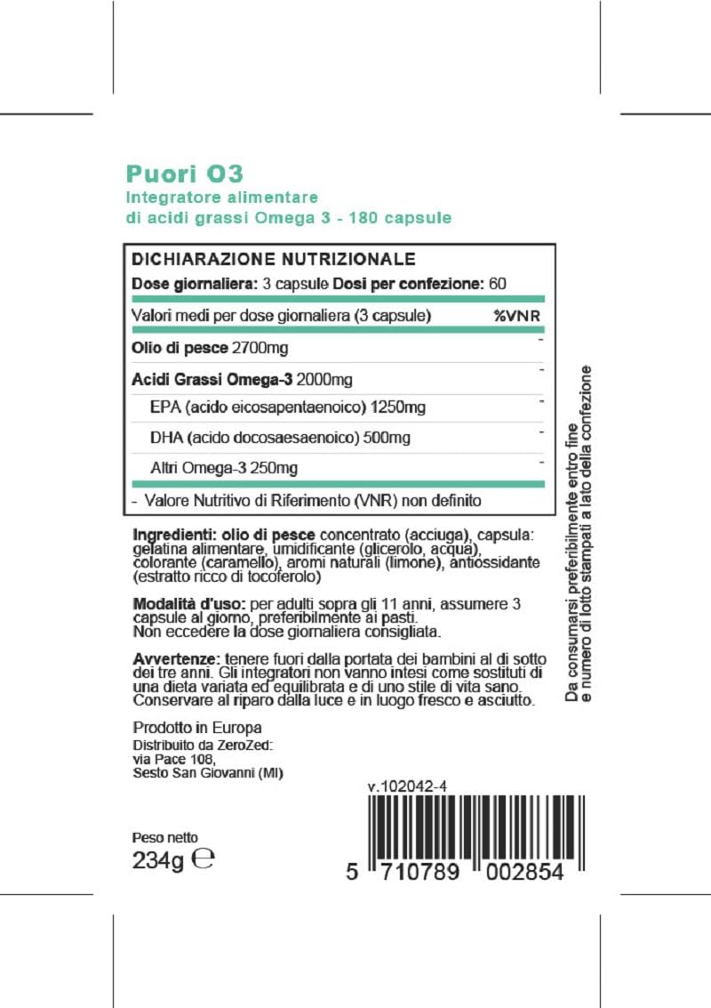 Omega 3 olio di pesce 1250 EPA 500 DHA per dose - 60 dosi - 5 stelle IFOS, Friend of the Sea, Clean Label. 180 capsule/60 dosi.