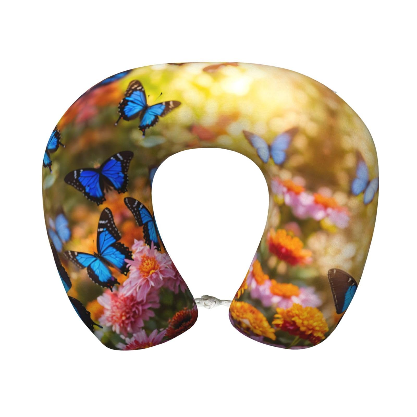 peiyeety Blue Butterfly and Flowers Print Custom U-Shaped Pillow,Memory Foam Cervical Neck Travel Pillow,for Home,Camping,Travelling