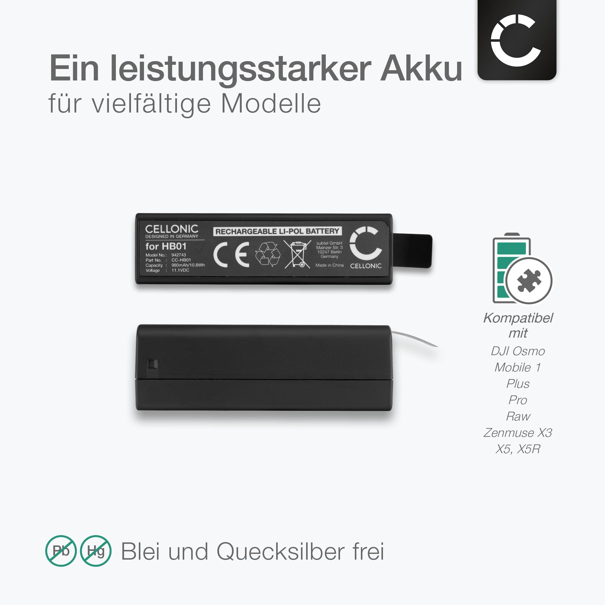 CELLONIC, Bateria do aparatu, kompatybilna z dji HB01-522365, Osmo 1 Plus, Zenmuse X5R, X5 (3,85V, 980mAh)