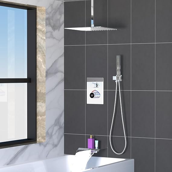 Digital Shower Valve Shower System, Ceiling Mounted 12 Inch Shower Head with Waterfall Tub Spout and Dual Function Handheld Spray, Shower Faucet Set with Hydro Power Temperature Display, Chrome