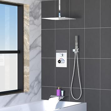 Digital Shower Valve Shower System, Ceiling Mounted 12 Inch Shower Head with Waterfall Tub Spout and Dual Function Handheld Spray, Shower Faucet Set with Hydro Power Temperature Display, Chrome