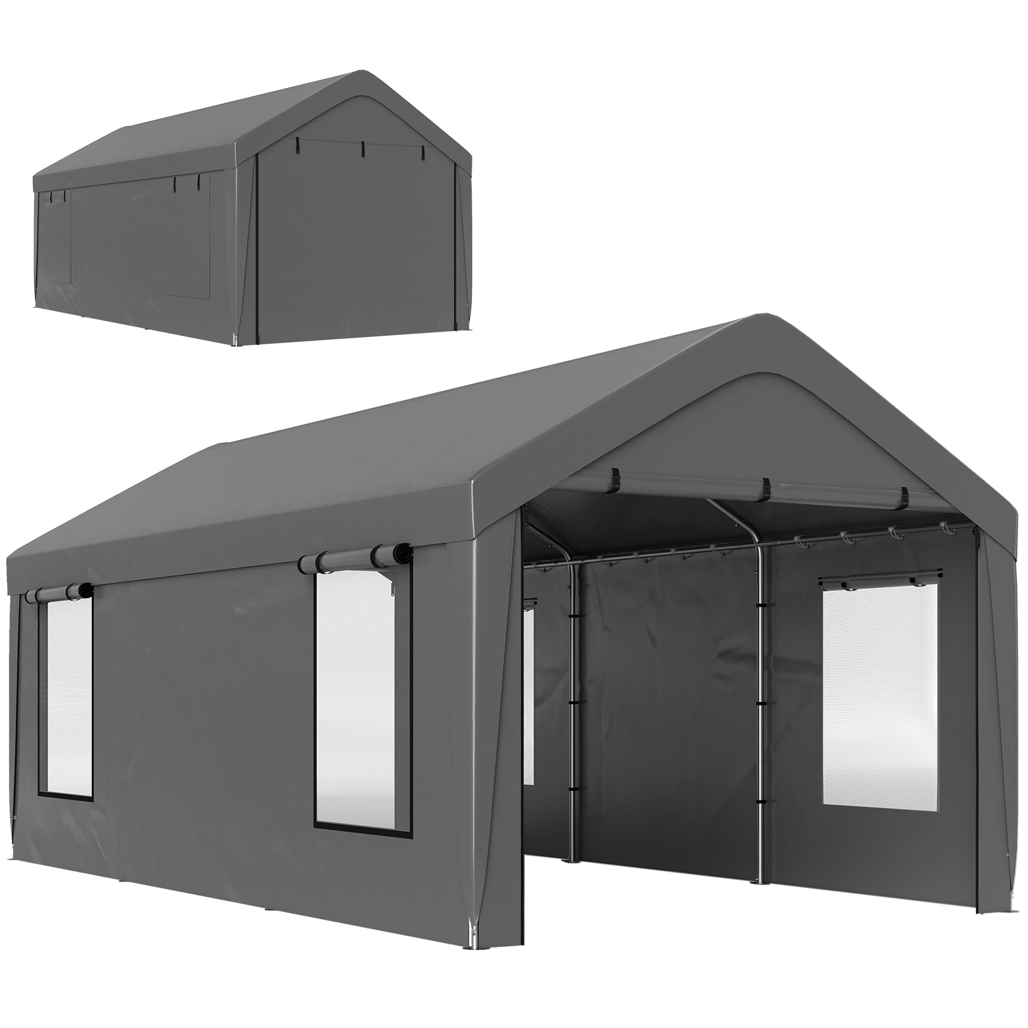 Outsunny Carport Tente de Garage 3 x 6 m abri Voiture extérieur Tente de Stockage avec parois latérales Amovibles, 2 Portes enroulables et 4 fenêtres, pour Camion, Bateau, Gris foncé