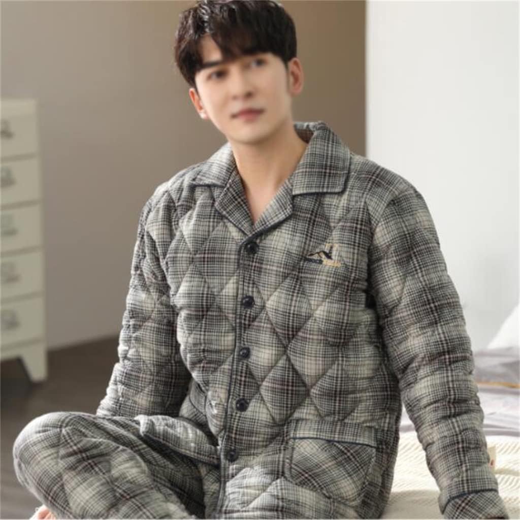 Thickened Winter Men's Pajamas Long-sleeved Cotton Three-layer Quilted Plaid Autumn And Home Service Suit
