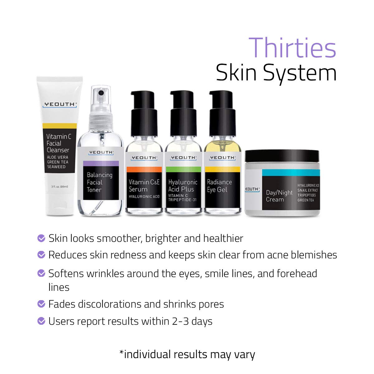 YEOUTH Anti-aging Kit Thirties - 6 pack Anti-aging skincare set - Vitamin C Facial Cleanser - Balancing Toner for Face - Vit C & E Serum - Hyaluronic Acid Serum - Eye Gel - Day Night Snail Cream : Beauty & Personal Care