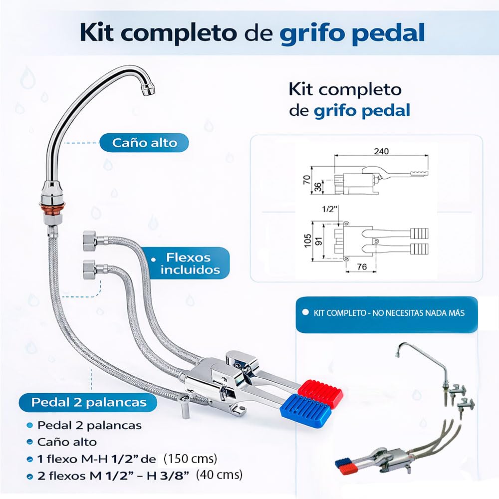 Kit Grifo Pedal Completo, Plateado, 5 Piezas con Caño Alto, 2 Palancas, Incluye Latiguillos 150cm y 40cm