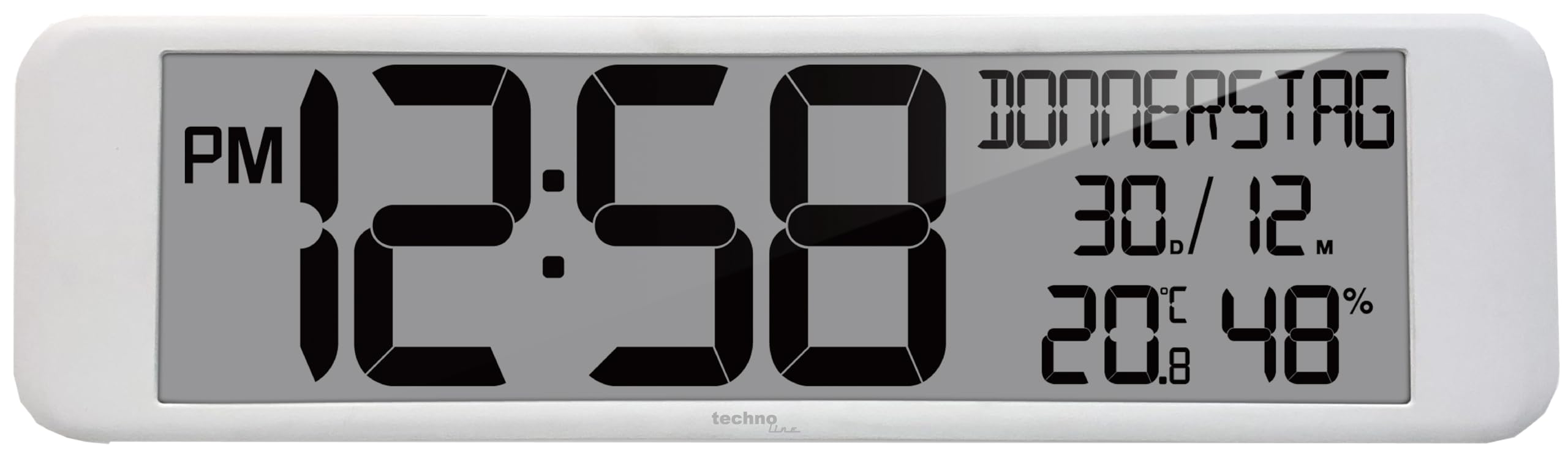 Technoline WS 8120 XXL Funkwanduhr mit DCF77 Funkuhr | Kalender | Temperatur- & Luftfeuchtigkeitsanzeige | extra großes Display | Wochentag ausgeschrieben | Wand- und Tischaufstellung | weiß