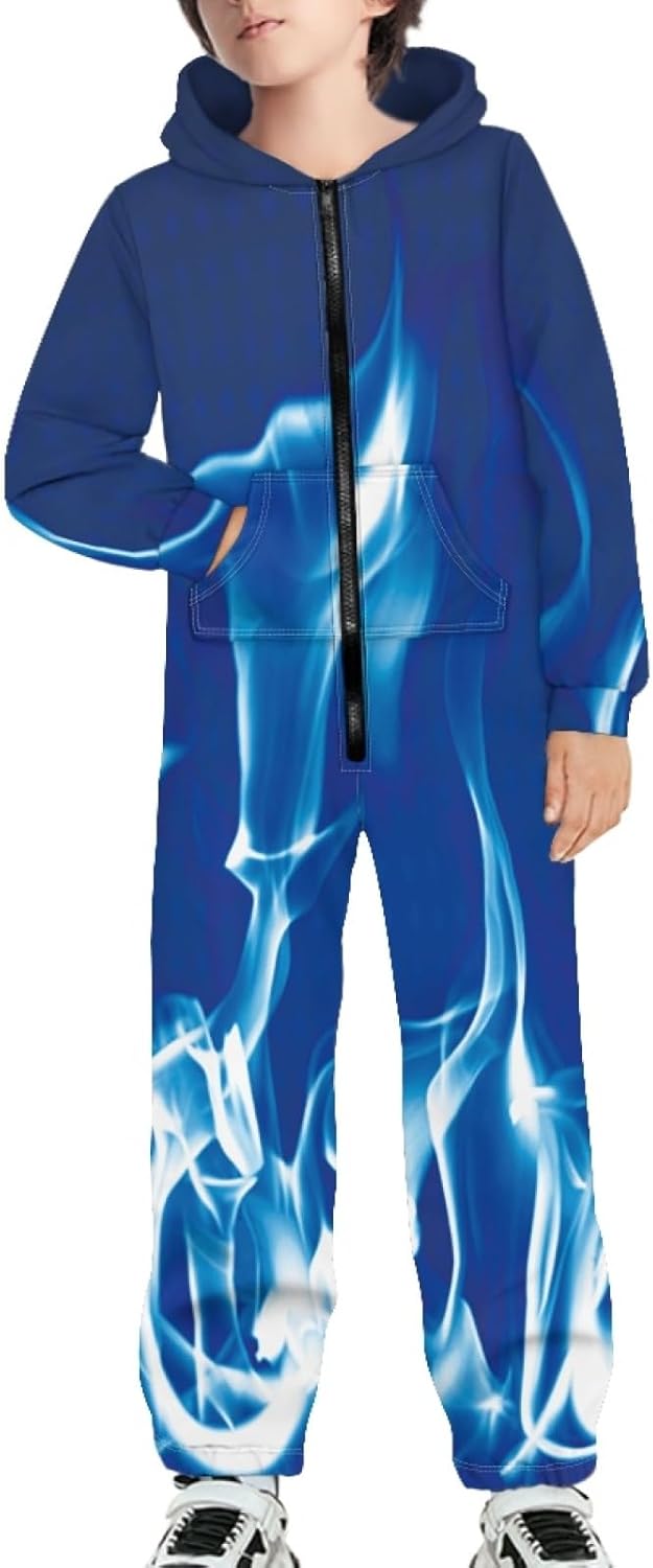 Kids Jumpsuits Zip Up Hoodie One Piece Outfits Long Sleeve Hoodie with Pocket Rompers for Girls Boys 7-16 Years