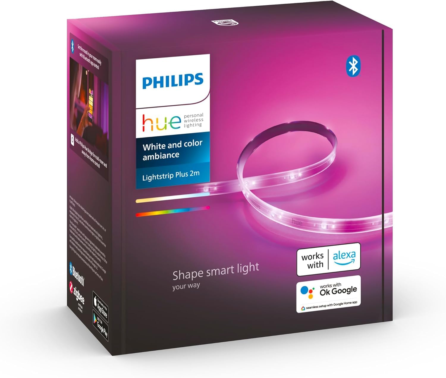Philips Hue - Tira Led inteligente 2m, luces inteligentes con Bluetooth, Luz Blanca y luces de colores, Compatible con Alexa y Google Home (incl. alimentador) [Clase de eficiencia energética G]