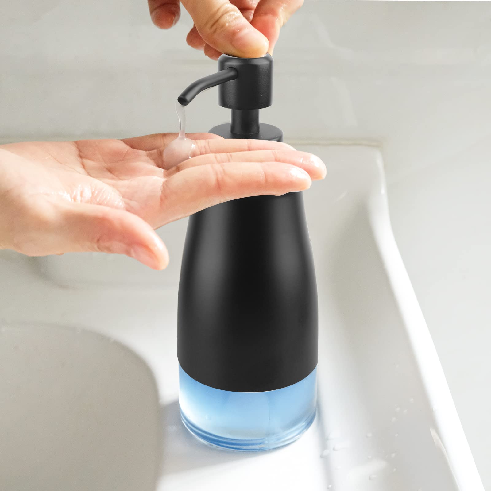 AUMIO 2 distributori di sapone, cassa in acciaio inox, rivestimento in vetro, dispenser pompa a mano, dispenser di sapone liquido ricaricabile per bagno e cucina – nero opaco