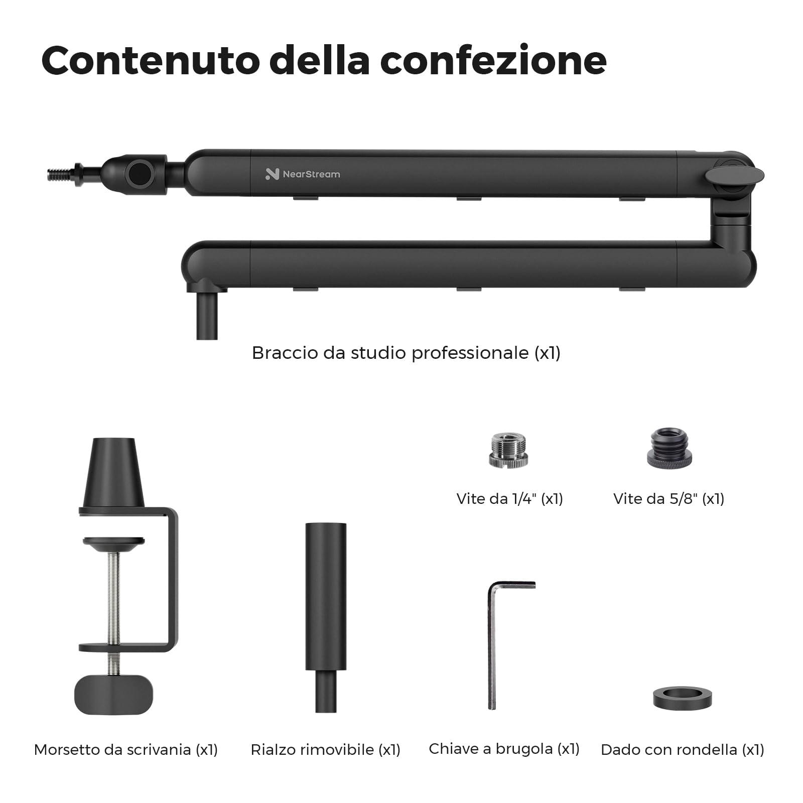NearStream ST20 Supporto per Microfono con Adattatori 1/4", 3/8" e 5/8", Braccio Microfono Regolabile con Gestione Cavi, Riser 4,5", Montaggio Scrivania per Podcasting, Streaming, Gaming e Home Office