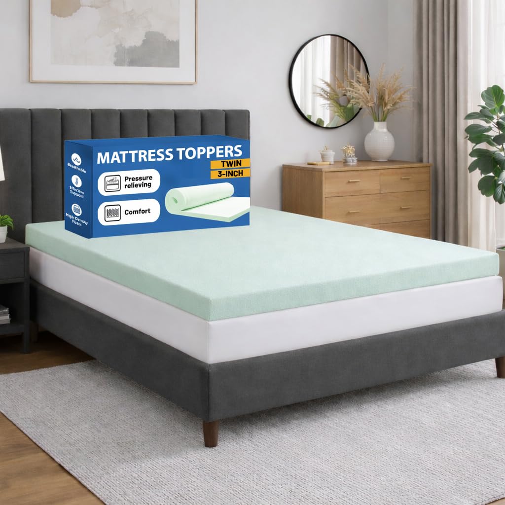 Greaton, 3-Inch High Density Medium Firm Foam Mattress Topper, CertiPUR-US Certified for Superior Comfort and Support, Twin, Green