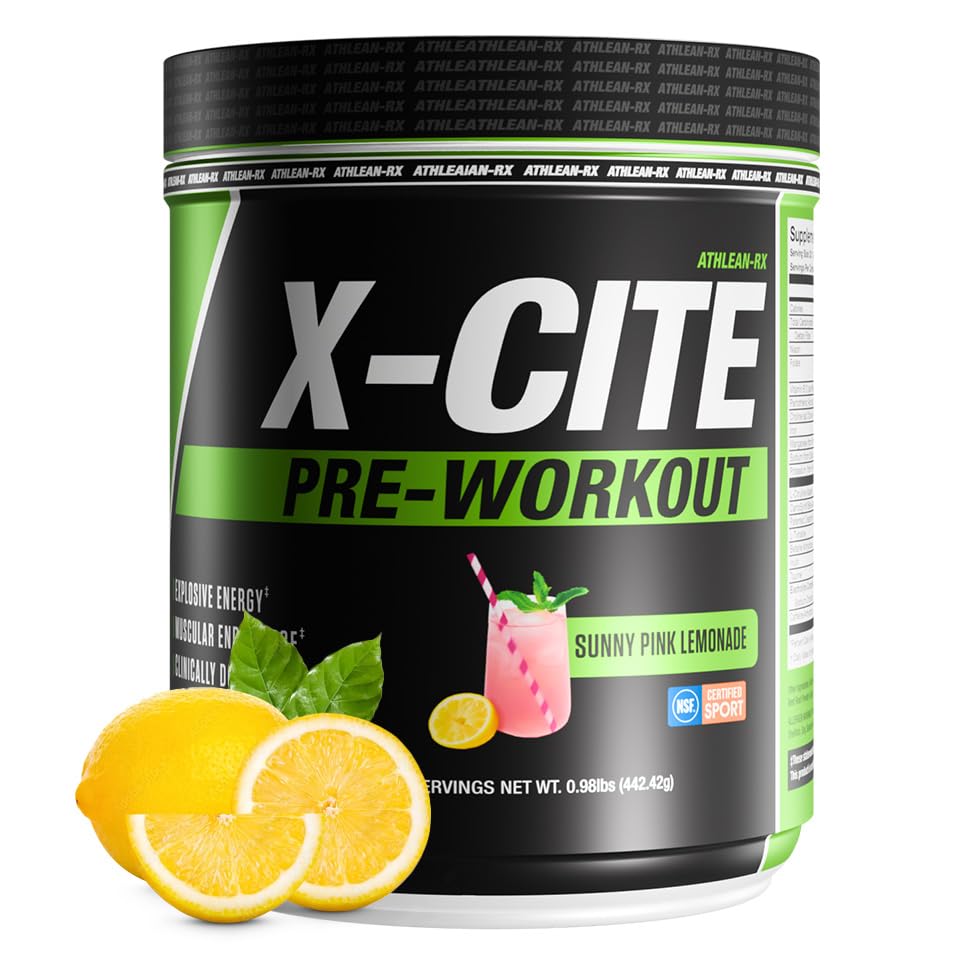 X-CITE Pre-Workout by ATHLEAN-X - Enhanced Formula with Beta-Alanine, Creatine & Caffeine for Ultimate Energy, Endurance, Focus & Muscle Pump (22 Servings, Sunny Pink Lemonade)