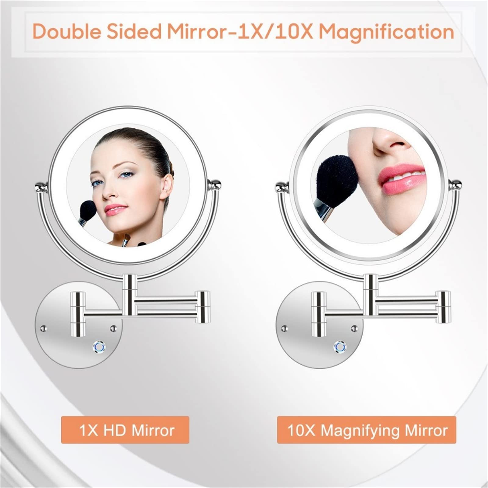 Specchio per Il Trucco a LED dimmerabile con luci e ingrandimento 1X/10X, Specchio da Bagno Estensibile a Doppia Faccia Cromato con Illuminazione Integrata e Ricarica USB.