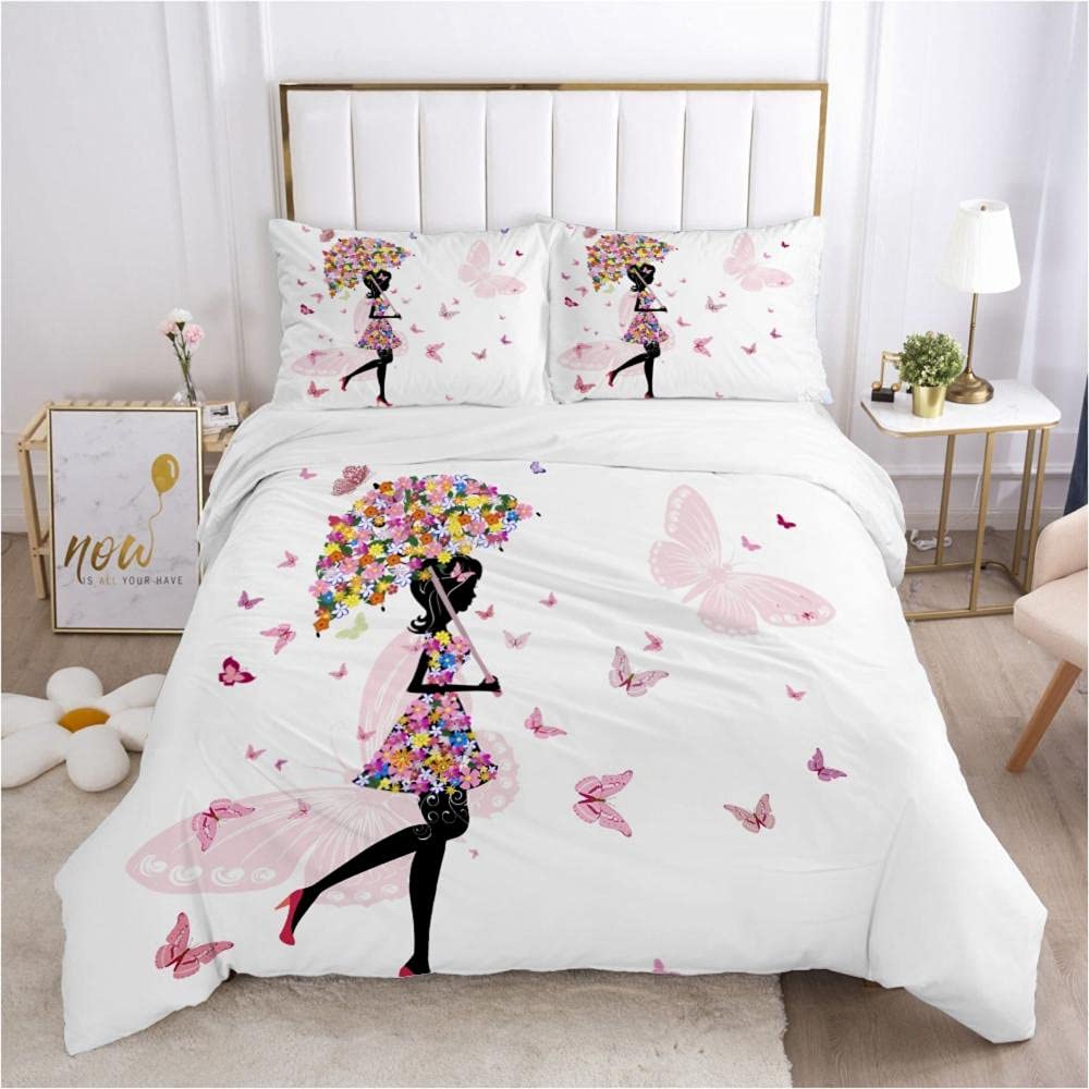 Housse De Couette 220x240cm Motif Cheval & Pétales – Microfibre Douce, 2 Taies 65x65cm, Réversible
