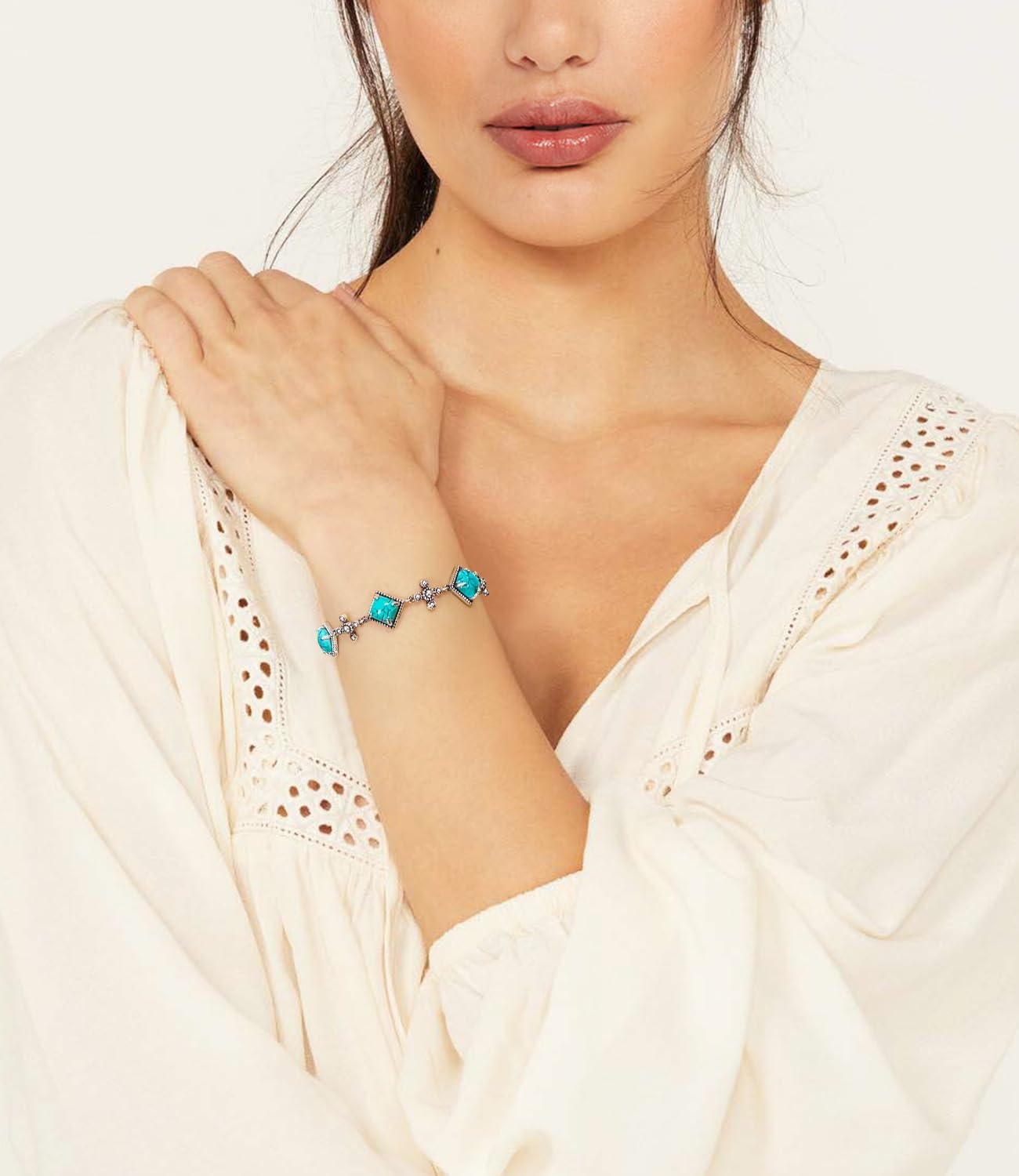 Genuine Square Turquoise Bracelets for Women 925 Sterling Silver Adjustable Real Gemstone Southwest Boho Cross Jewelry for Her 6 to 8 Inch - Image 2