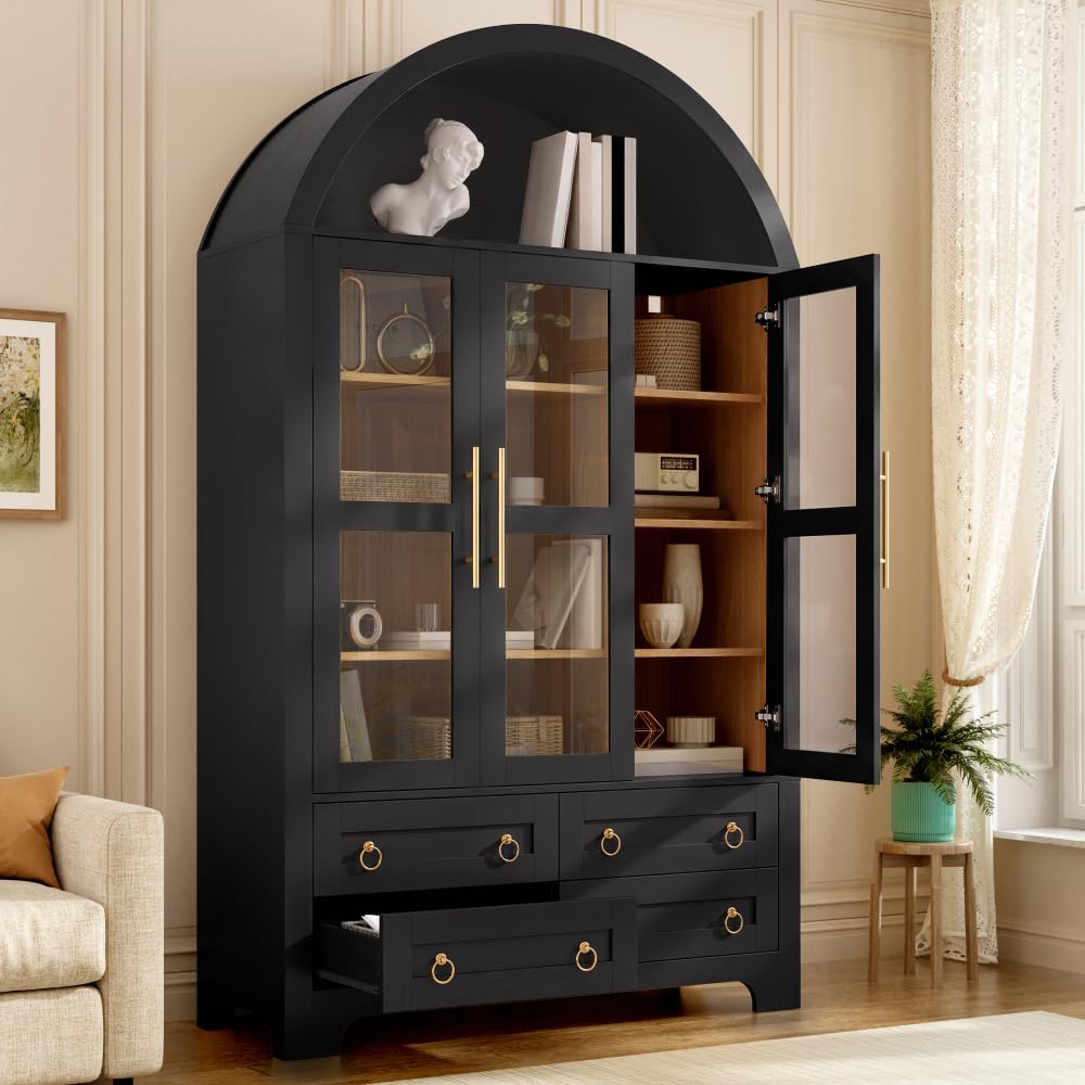 Buffet, vitrine avec 3 portes, 4 tiroirs et compartiment ouvert en arc rond, armoire de salon PB + MDF, buffet de salon, buffet avec poignées en aluminium (noir)