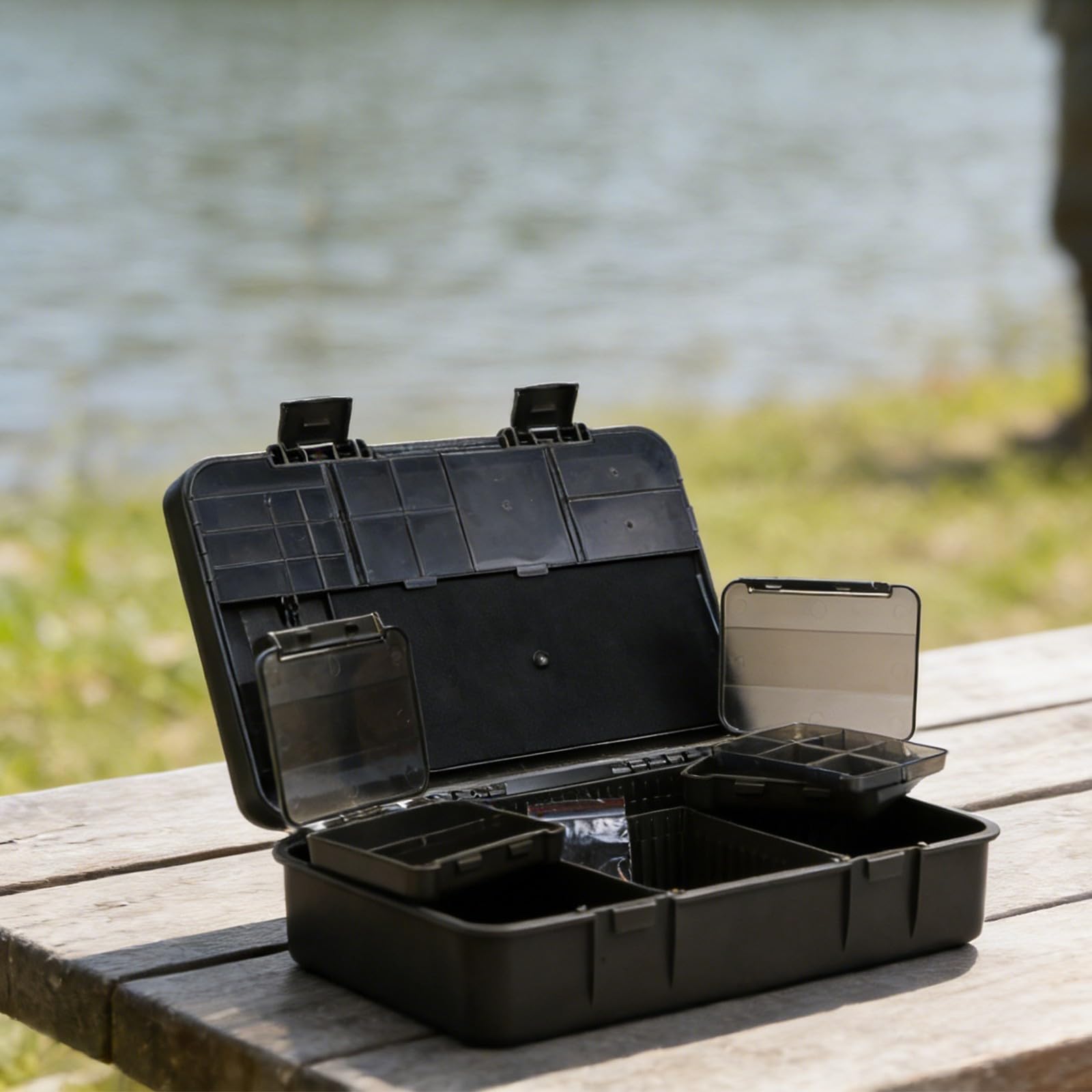 Caja de almacenamiento de aparejos de pesca para carpas con caja exterior de 2 rejillas, caja pequeña de doble capa 1+6 rejilla y múltiples deflectores para almacenamiento organizado de piezas