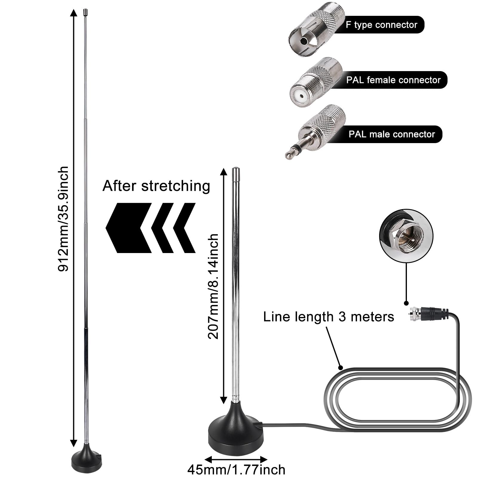 SPORWAY Dab+ Antenne Radio FM: 1 Antenne Télescopique Numérique Avec Base Magnétique Pour Tuner Radio Dab FM, Id éal Pour Intérieur (Câble D'extension 3m, 75 Ohm