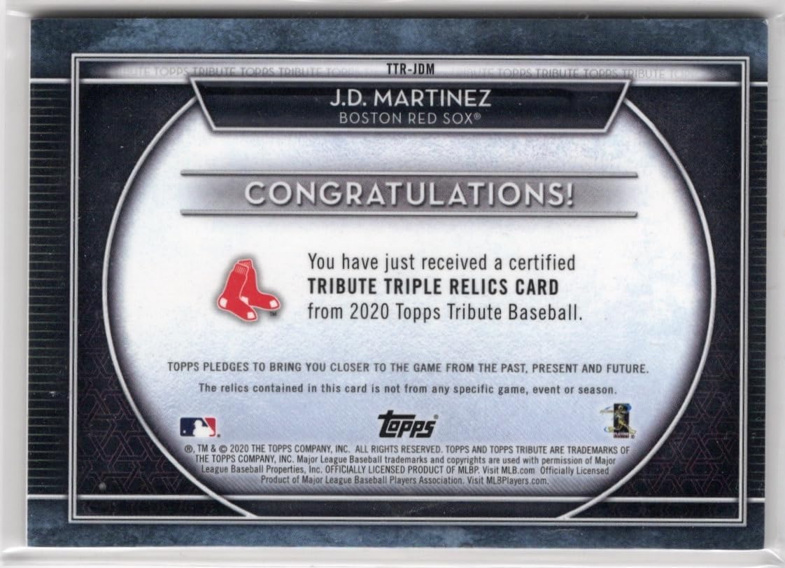 J.D. Martinez Serial Numbered #098/150 Topps Tribute Triple Relics Game Used Memorabilia Relic Jersey Parallel Collectible Baseball Card - 2020 Topps Tribute Collection Baseball Card #TTR-JDM (Red Sox)