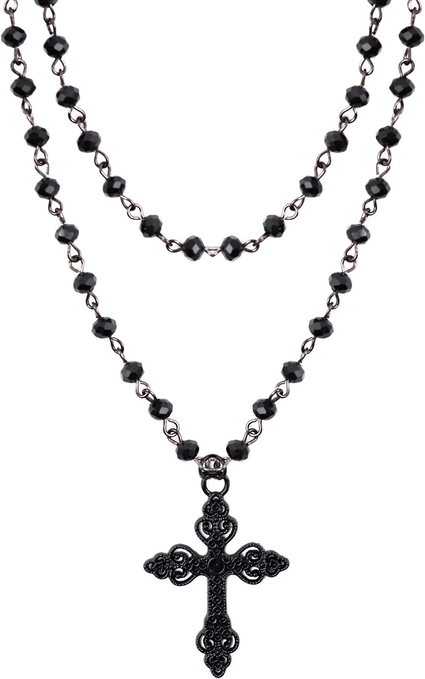 Gothic Layered Cross Choker Necklace, Black Bead Cross Choker, Gothic Emo Grunge Necklace, Costume Jewelry, Halloween Christmas Jewelry Gift for Women