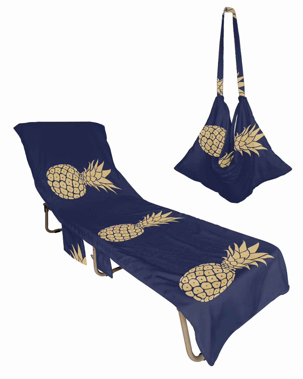 Geometric Pineapple Beach Chair Towel Covers for Chaise Lounge with Side Pocket, Soft Plush Pool Towels Cover for Patio Sunbathing Outdoor 29''x85'' Summer Tropical Fruit Navy Blue