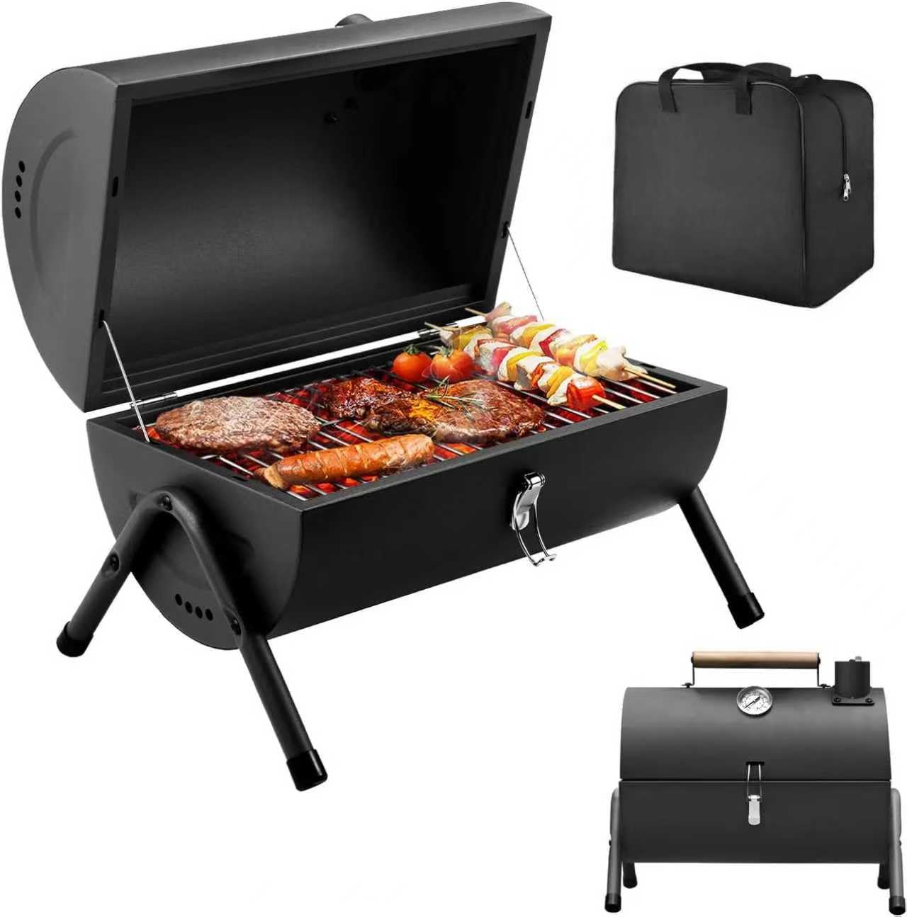 Camping Portable BBQ Barbecue Grill Outdoor Compact Smoker Small Oil Drum Barbecue, Ideal for Beach, Caravan, Garden, Party Barrel Barbeque Black