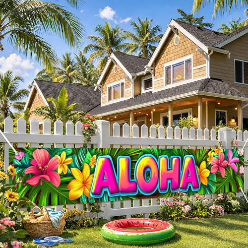 Image of HOMETITUTE Aloha Banner Luau Decorations 118 x 20 Inch Hawaiian Banner Tropical Hello Summer Backdrop Aloha Sign for Pool Party Backyard Summer Beach Tiki Bar Outdoor Photo Booth