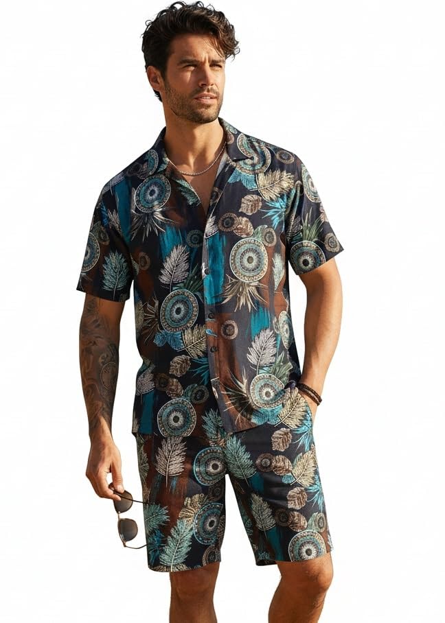 Men Printed Pajamas Sets Short Sleeve Beach Wear Button-Down PJs Sets Two-Pieces Loungewear with Pocket-image-27